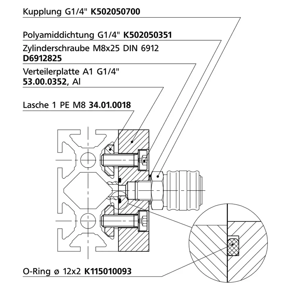 Die Abdichtung, bei Befestigung der Verteilerplatte in der Profilnut, erfolgt über einen O-Ring. Dieser ist passgenau in einer Ringnut der Anschlussplatte fixiert.